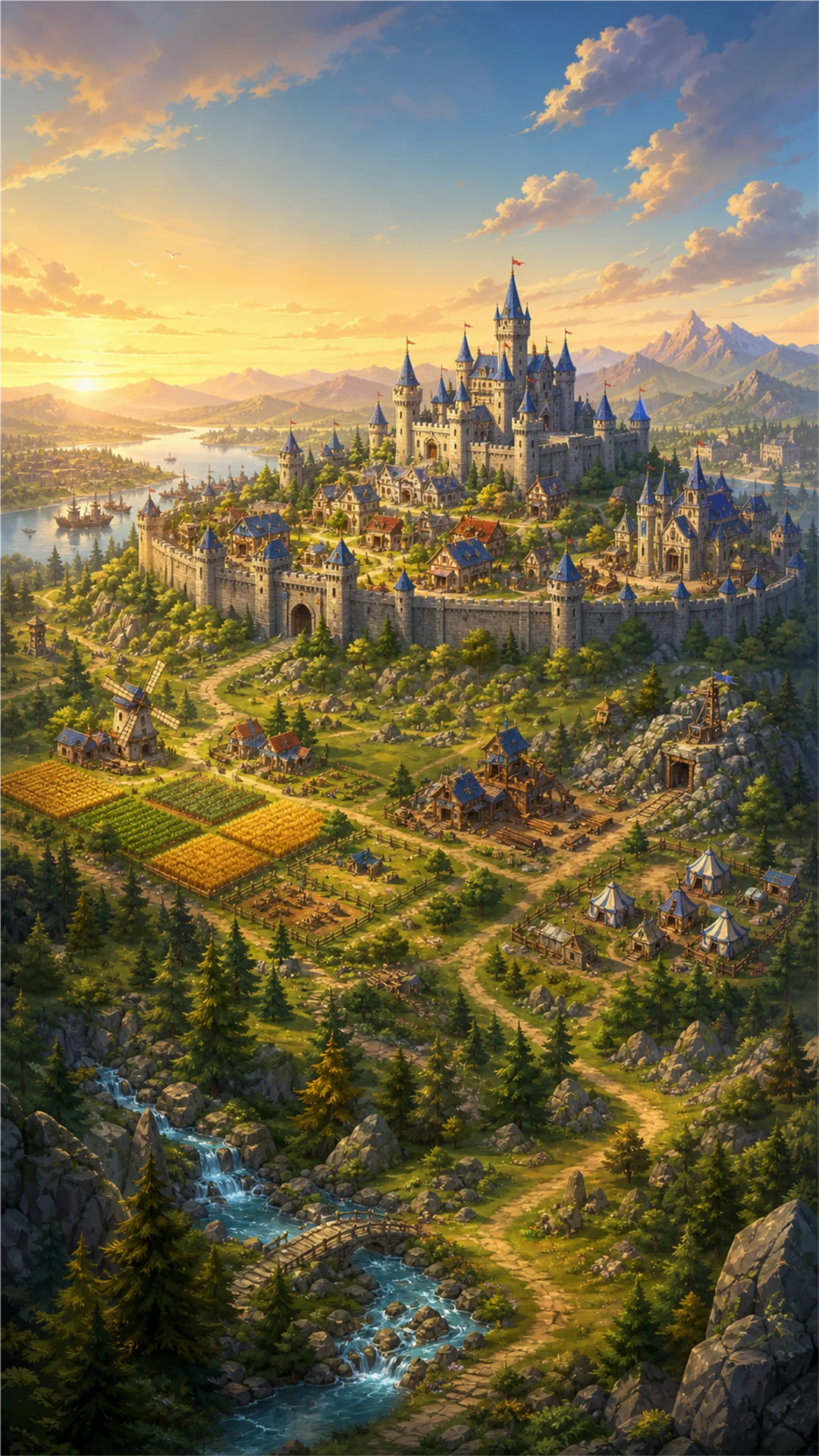 A sunlit medieval kingdom with a blue-roofed castle, farms and a river